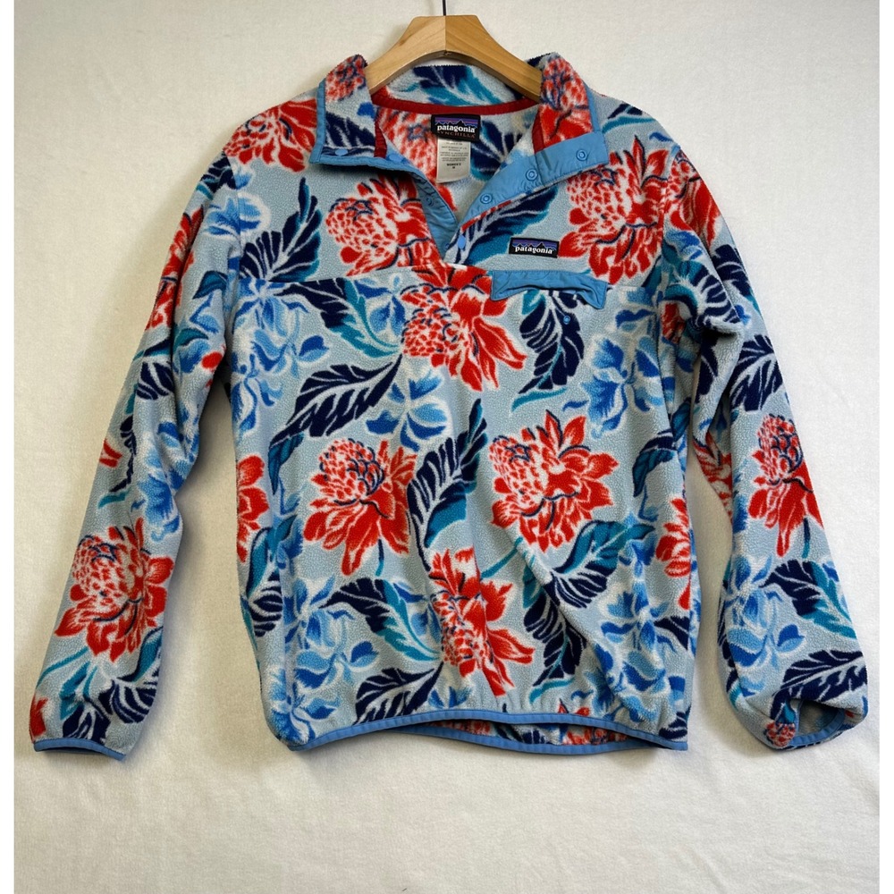Patagonia Synchilla Fleece Pullover Womens Medium Blue Red Floral Snap-T Jacket